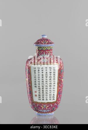 Vase with lid; maker, Chinese; Qing dynasty, Qianlong period 1736–1795; colored porcelain; flattened vase form; height 22.7 cm, width 10.7 cm, weight 0.65 kg; decoration: lotus tendril ornament and inscribed poems., A decorative bottle with a rounded shoulder and fitted lid sits against a plain light gray background; the bottle is predominantly deep red with elaborate floral and scrolling patterns in colors including blue, yellow, green, white, pink, and gold; the lid is decorated with matching motifs and a small white finial with blue detailing, and the rim and base feature a blue-and-white Stock Photo