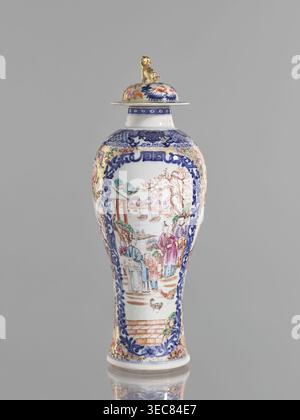 Vase with a lid, Chinese, ceramics, colored porcelain, 18th century. Height 28 cm. Lid topped with a modeled seated lion. Decoration: geometric and plant ornament around the neck; two large reserves bordered with plant ornament filled with figural genre scenes in a landscape, two smaller reserves with figures in a landscape; background of twigs with flowers on a gold ornamental ground. White glaze, underglaze cobalt, overglaze enamels in sepia, black, iron red, and gold. Vessel. Provenance unknown., A tall porcelain vase with a lid sits against a plain gray background, the body showing a Stock Photo