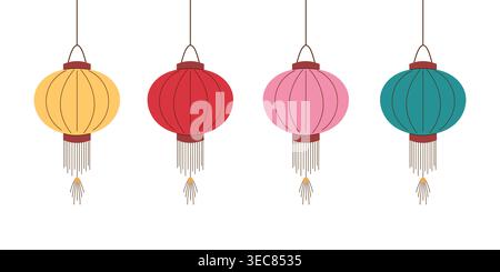 Set Chinese paper lantern hanging holiday decoration in flat style. Traditional element for asian celebration, festival. Culture lamp illustration for Stock Vector