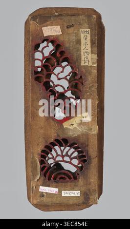 Gate of Emperor Yu Dragon Gate - decorative panel, Chinese, Chinese art; iconography: fish, dragons, waves, fantasy animals/beasts. Elongated rectangular carved openwork ornamental panel. Qing dynasty 1644–1911, 19th century. Sculpture; height 3.7 cm, width 27.4 cm, depth 10.9 cm; provenance unknown., A tall, narrow wooden panel with rounded corners showing a worn brown surface and areas of lighter and darker brown; the panel has two decorative cutouts with scalloped, wave-like shapes painted along their inner edges in red, revealing a pale gray background through the openings; there are Stock Photo