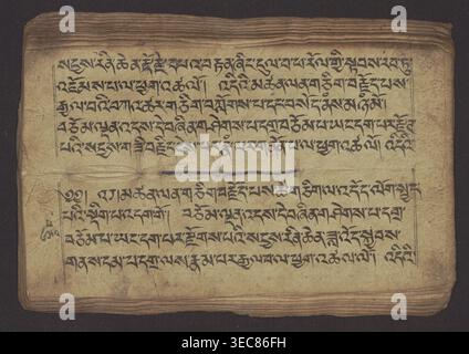 Buddhist Manuscript - Penitential Text Tib. sDig bshags gser gyi zhes bya ba bzhugs+o, unknown,  scribe-copyist author, Tibetan Buddhist art, Himalayan culture, Book in Tibetan pecha style, manuscript in student's script. Leaf numbering 2-22 verso, first recto, last two unnumbered. Handwritten notes folio 24 recto and verso., 19th century, Tibet type of place / place of origin, manuscript, width 24.0 cm, height 8.1 cm, A worn rectangular sheet with an off-white to yellowed surface and darker browned edges lies against a dark background; a group of dense black calligraphic lines covers much of Stock Photo