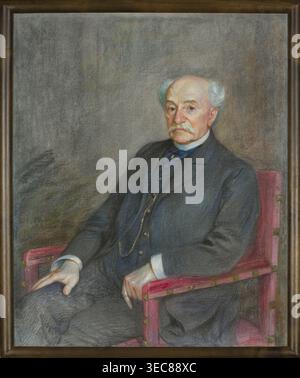 Portrait of Mathias Bersohn, painted by Mathias Bersohn 1824–1908. Pastel on paper, 1909. Depicts a male portrait of Mordasewicz, Kazimierz 1859–1923. Height 82 cm, width 68 cm. Polish pastel, iconography relating to Jews; Masters of pastel., A painted portrait of an older man seated in a chair, wearing a dark suit with a vest and a white shirt collar, with a mustache and thinning white hair, pale skin, and a neutral facial expression; he rests one hand on his knee and the other on the armrest of a reddish-pink upholstered chair with small decorative accents; the background is a textured grey Stock Photo