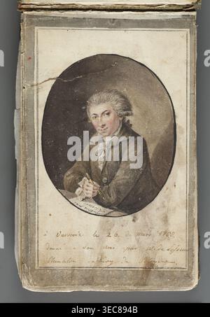 Self-portrait with dedication, Lesseur, Wincenty de 1745–1813 role: draughtsman / personal entries, Dunin-Markiewicz, Elżbieta, Vogel, Zygmunt 1764–1826, 1788, Warsaw; watercolor drawing in an album, pen; subjects: self-portrait, portrait of an artist at work, male portrait, engraver; dimensions: 18.7 × 11.7 cm, A worn portrait painted on a faded page shows a light-skinned person with powdered gray hair, wearing a brown coat and a white ruffled shirt, seated inside a dark oval frame against a brownish-gray background, holding a pen over a sheet on a table; the surrounding page and borders are Stock Photo