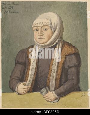 Portrait of Queen Bona Sforza, ca. 1540, after a painting by Lucas Cranach the Younger Lucas Cranach the Young, 1515–1586 by Aleksander Lesser 1814–1884. Drawing on tracing paper glued over paper of similar dimensions, the composite sheet glued by its upper edge to cardboard; watercolor. Subject: Queen Bona Sforza 1494–1557. 16th century; female portrait. Dimensions: sheet 21.8 × 17.8 cm; cardboard 35.8 × 25.9 cm. Date of drawing: 1830–1884., A seated person wearing a white headscarf wrapped around the head and neck and a dark brown garment with a fur-trimmed brown vest, pale skin, and a Stock Photo