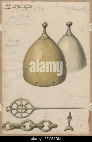 Two helmets and armament elements; drawing glued with the upper edge to a tone of cardboard brown. 1874. Drawing: height 19.1 cm, width 12.8 cm; cardboard: height 34.7 cm, width 25.1 cm. Subjects: militaria, helmets, army, armor, knights' armor. Makers/associated names: Lesser, Alexander 1814–1884; Lesser, Emilian 1848–1912; Lesser, Wiktor Stanisław Zygmunt baron; 1853–1935. Unknown place of origin., A watercolor drawing on a cream paper sheet showing a pair of dome-shaped objects with rounded finials, one in front colored yellowish-green with darker shading and small dark dots along its base, Stock Photo
