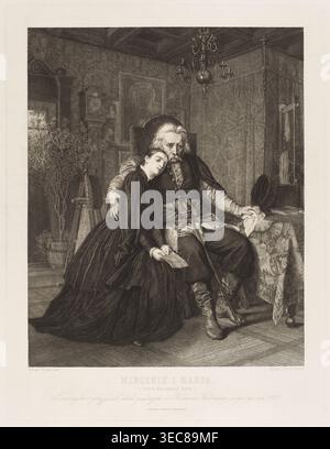 Miecznik i Marya, zinc, Florian Stanisław 1838–1912 painter; co-author, Henryk Redlich 1838–1884 graphic artist; author, Miecznik literary, genre scenes, 1867–1868, Munich, graphic print, graphic, height 45.7 cm, width 34.5 cm, An interior scene in muted sepia tones shows an older man seated in a high-backed chair with a younger woman leaning against him; the man has light hair and a mustache and wears layered garments with a sash and boots, holding a cane and a piece of cloth, while the woman in a dark dress rests her head on his shoulder and holds a folded paper. The room contains a Stock Photo