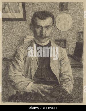 Jasiński en veste bleu, Vallotton, Félix 1865-1925 graphic artist; author, France, graphic print, modernism, 1896, portrait of Feliks Stanisław Jasiński male portrait, dedication to Jasiński, graphic, height 23.0 cm, width 15.0 cm, materials: print., A monochrome etched portrait shows a seated man with short dark hair and a trimmed mustache wearing a light-colored jacket over a dark vest and shirt; his hands rest in his lap with one hand lightly placed over the other. The background contains textured crosshatching and a few framed rectangular shapes on the wall, plus a circular lighter area, Stock Photo