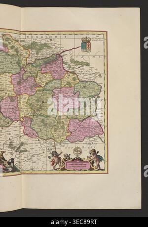 Diocese du Mans, vulgo le Maine, ubi olim Cenomani; Valck, Gerard 1651/1652–1726 publisher; Schenck, Pieter 1660–1711 publisher; map; cartography; France; Le Mans France; 1711; Amsterdam; height 42.0 cm; width 49.7 cm, The image shows a portion of an old colored map with irregularly shaped regions outlined and filled in shades of pink, green, and yellow, with thin black boundary lines and small clusters of dark green tree-like markings. There is a decorative coat of arms near the upper right with blue, red, white, and gold elements topped by a gold crown, and a decorative cartouche near the Stock Photo