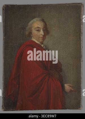 Adam Kazimierz Czartoryski 1734–1823, attributed to Vigée-LeBrun, Elisabeth Louise 1755–1842 painter; half-figure portrait in profile turned to the right, head and eyes three-quarters to the right. Grey wig; right arm bent at the elbow. Draped in a red cloak-cape with visible hem of a white jabot. Grey-olive background, brightened on the right side. 18th century, Poland. Portrait. Height 26 cm, width 19.5 cm., A portrait of a person shown from the waist up wearing a voluminous red cloak draped across the shoulders and arms, with a pale face and light-colored hair styled close to the head, a Stock Photo