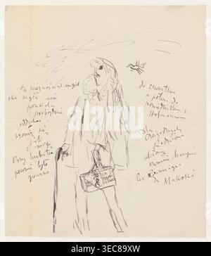 Letter to Maria Mickiewiczówna with a drawing: self-portrait of the artist in a coat and beret, with a cane. Tadeusz Makowski 1882–1932, author. Self-portrait; addressee Maria Mickiewicz 1868–1952. One page; text and drawing on recto. Letter, manuscript, drawing, 1917–1932, Paris . Height 23.0 cm, width 19.9 cm., A hand-drawn ink sketch on off-white paper showing a standing figure wearing a long coat and a hat, holding a walking stick in one hand and a small rectangular case in the other, with loose flowing lines indicating hair or a scarf; a small bird is sketched near the figure's head and Stock Photo
