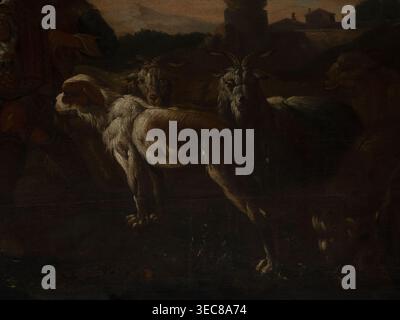 Shepherd's Scene with a Laden Donkey, Roos, Philipp Peter 1657–1706 painter. General tones of brown against a background of a grey-blue sky with pink clouds and a slightly marked mountain range. The second plan on the right consists of buildings and clumps of trees. The foreground is a genre scene: next to a donkey laden with baskets a peasant secures the load; nearby are two dogs, two goats and two rams. 18th century, Italy; overdoor. Height 92.0 cm, width 127.5 cm., A dimly lit scene shows a group of animals standing closely together in a dark outdoor setting; visible are a dog-like animal Stock Photo