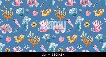A rich seamless pattern with corals and seashells on a rich blue background, multi-colored underwater inhabitants and objects Stock Vector