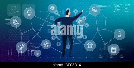 Solo entrepreneur managing a one person company supported by autonomous artificial intelligence agents for marketing finance and data analysis future Stock Vector
