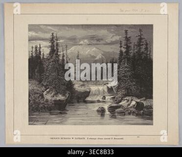 The area around Murań in the Tatra Mountains; woodcut illustration after Feliks Brzozowski 1836–1892, graphic artists Marceli Wiśniewski and Bronisław Puc; 1880; depiction of mountain landscapes, mountain streams and waterfalls; painting reproduction/press illustration; Polish graphic/painting., A grayscale landscape image showing a calm river in the foreground with reflective water and a group of rocks and boulders along the shore, a small cascade or waterfall further back with water flowing over rocks, tall evergreen trees clustered on both sides of the river and some smaller shrubs and Stock Photo
