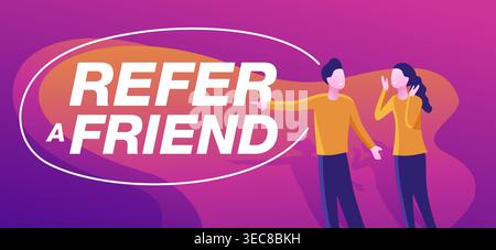 Refer a friend referral program promotion banner - decorative frame bubble for slogan and two interested people - vector purple poster Stock Vector