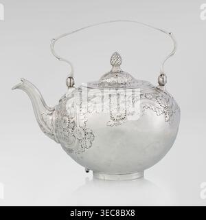 Buliera kettle for boiling water, maker: Benjamin Gignac fl. 1745–1774, goldsmith. Rococo rocaille style with Georgian/George II influences. Spherical kettle with a flat bow mounted on volutes; side spout; centrally arched cover topped with a pine cone. Decorated overall with repoussé rococo ornament, plant and floral motifs; two engraved coats of arms—one four-field in an oval under a baronial crown, the other in an illegible shield. Missing base with a heater. Dated 1753/1754, London, England, Great Britain. Vessel. Height 22 cm, width 24 cm, depth 19 cm, weight 848 g., A silver teapot with Stock Photo