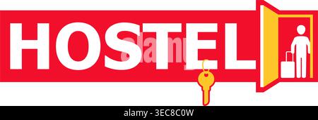 Hostel catchy signboard or sticker. Visitor standing in doorway and hanging room key Stock Vector