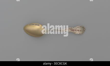 Souvenir spoon, Shepard Mfg. Co. fl. 1893–1923. Silver souvenir spoon. Ovoid scoop with engraved view of buildings and the inscription JACKSONS / BIRTHPLACE / NASHVILLE / TENN. Flat handle with irregular edges made of channel sections; the inscription TENNESSEE along the handle, above which is a man with a pickaxe. Handle widened at the end with relief depictions of a plow, a sheaf of wheat above it the Roman numeral XVI, cotton, with the inscription AGRICULTURE underneath, and a ship below with the inscription COMMERCE below. These are the emblems of the state of Tennessee. XVI indicates the Stock Photo