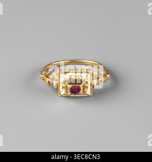 Renaissance ring, Renaissance style, body adornment hand adornment. Rectangular setting with a high box and a tabular-cut ruby, decorated with white enamel. Prism-shaped base with engraved hearts, on two side surfaces. Ring widens towards the base with solid volutes, decorated with opaque white, light blue, green, and red enamel. 2nd half of the 16th century, Central Europe. Jewelry. Height 2.2 cm, width 2.7 cm, depth 0.9 cm, weight 4.82 g., A gold ring with a square decorative top featuring a raised heart-shaped motif and a central round purple gemstone, a few small purple stones set near the Stock Photo