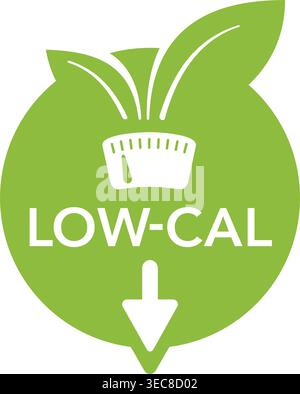 Low cal food icon - stamp for packaging of low calories diet products - weight scales with green leaves and arrow down Stock Vector