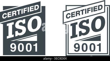 Iso 9001 certified stamp - international quality management system square sign in 2 versions - monochrome vector emblem  Stock Vector