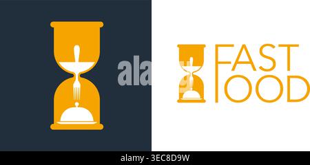 Fast Food modern emblem template - combination of sand clock and kitchen fork - flat monochrome isolated vector icon Stock Vector