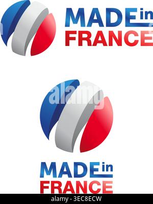 Made in France label tag sticker with 3D French flag in Spherical form. Country of origin icon. Stock Vector