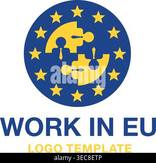 Work in EU logo template - staff recruitment for guest working in European Union - Euaro flag and people as puzzle jigsaw - isolated vector emblem Stock Vector