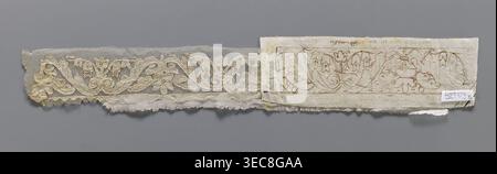 Two fragments of appliqués on batiste tulle. a with a floral tendril pattern. b with a fragment of cardboard sewn on. 19th century, Europe. Lace, embroidery and appliqué patterns; clothing accessory fabric. Width 5.5 cm, length 34 cm., A long narrow fabric fragment and attached paper pattern sit against a gray background; the fabric section is an off-white to beige lace with a floral and scrolling vine design set on a fine mesh ground, edges frayed and uneven, showing a few areas of darker beige where the thread has aged; the paper piece is a yellowed cream color with embossed and drawn floral Stock Photo