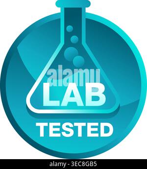 Lab tested glossy icon - certification proven stamp with laboratory flask and bubbles Stock Vector