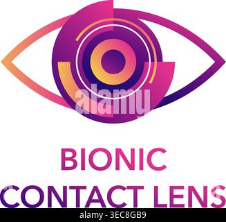 Bionic contact lens logo template. Medical label with cataract implant, clouded lens, cornea, incision and iris. Vector pictogram Stock Vector