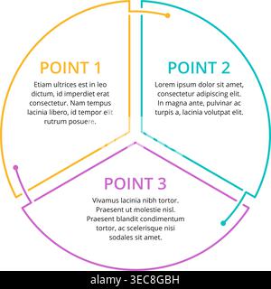 Infographic template with 3 steps or points in thin line colorful rounded outline segments and sample text  Stock Vector