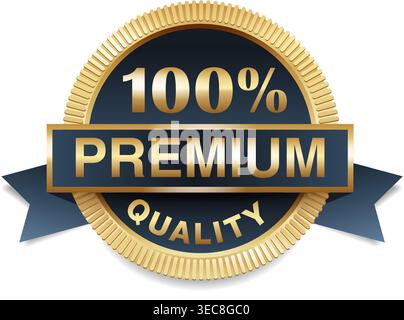 100 percent premium quality golden medal or realistic sticker - for best selling or warranty certified products and goods - isolated vector icon Stock Vector
