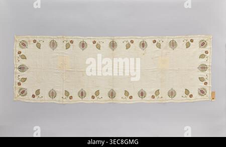 Church napkin made of thin white linen batiste edged with multicoloured embroidery. Ornament composed of large projections of stylized Eastern-style flower and fruit sprigs. Embroidered with very fine stitches along the lines of the drawing with silk thread: light celadon, light blue, turquoise, yellow-ochre, pink, burgundy, blue, dark beige, and gold thread. Embroidered motifs are arranged around the edges. The center is plain. Alternating motifs: a tulip flower in cross-section creating a stylized palmette, and a pomegranate branch with a leaf, inside which is a floral sprig. In the corners, Stock Photo