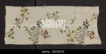 Fragment of silk fabric, patterned brocade, 18th century France. Floral design with dark and light orange roses, light and dark blues, celadon and olive greens, silver, orange, and yellow on a white background. Grosgrain weave with weft texture liseré. Height 53 cm, width 21 cm. Creator and provenance unknown., A rectangular fabric sample laid flat against a dark background shows a light cream base with a floral pattern in muted colors; a few clusters of flowers in shades of dusty blue, muted red, soft pink, and deep navy are connected by winding olive and moss green stems and leaves, with Stock Photo