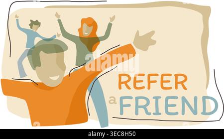 Refer a friend referral program promotion banner - decorative frame bubble for slogan and group of abstract people - vector purple poster Stock Vector