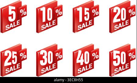 Sales tag set in creative 3D frames, arrow down and different percentage - 5, 10, 15, 20, 25, 30, 40 and 50 percents off Stock Vector
