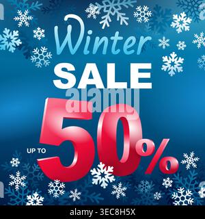 Winter Sale up to 50 percents off square or flyer banner template in seasonal decoration - blue snowflake vector background - promo advertising Stock Vector