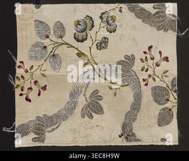 Fabric fragment, fragments of silk fabrics, patterned brocaded silk, 2nd half of the 18th century, England, fabrics with preserved selvedge, height 31 cm, width 27.5 cm. Weave structure: background - plain weave with a grosgrain liseré structure, sub-weave, brocaded. Pattern: floral motifs developing around a winding silver ribbon; fanciful flowers resembling roses and polka dots; winding lace-ribbon motif with delicate twigs entwining it. Background light-colored with liseré effect, brocaded with colorful threads and silver lamella and tightly braided silver thread. Overlay for the meandering Stock Photo