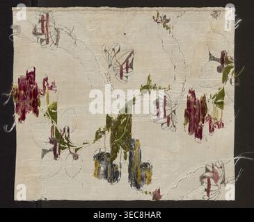 Fabric fragment, fragments of silk fabrics, patterned brocaded silk, 2nd half of the 18th century, England, fabrics with preserved selvedge, height 31 cm, width 27.5 cm. Weave structure: background - plain weave with a grosgrain structure, liseré pattern sub-weave, brocaded. Pattern: floral motifs developing around a winding silver ribbon; fanciful flowers resembling roses and polka dots; winding lace-ribbon motif with delicate twigs entwining it. Background light with a liseré effect, brocaded with colorful threads and silver lamellar and tightly braided silver thread. Overlay for the Stock Photo