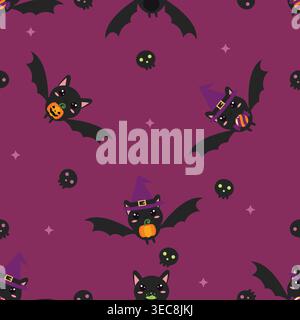 Adorable seamless pattern featuring scattered witch bats, pumpkins, and twinkling stars on a purple background. Perfect for spooky textiles, cute wall Stock Vector