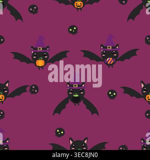 Adorable seamless Halloween pattern featuring witch bats with pumpkins, candy, and cauldrons. Perfect for spooky textiles, wrapping paper, and cute ho Stock Vector