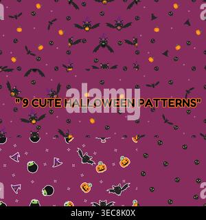Set of 9 cute Halloween seamless patterns featuring bats, witch hats, pumpkins, and skulls. Perfect for festive textiles, gift wrap, and digital paper Stock Vector