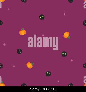 Cute seamless Halloween pattern with pumpkins, skulls, and stars on purple. Perfect for festive gift wrap, scrapbooking, textiles, and spooky holiday Stock Vector