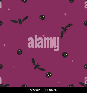 Spooky seamless pattern with black bat silhouettes, skulls, and stars on a purple background. Perfect for Halloween textiles, gift wrap, and festive d Stock Vector