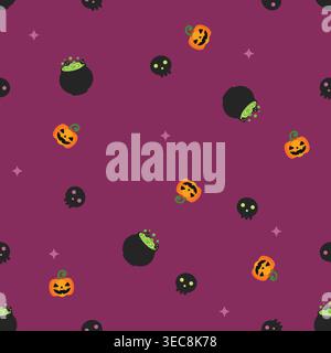 Adorable seamless Halloween pattern with witch cauldrons, green potion, smiling jack-o-lanterns, and skulls on purple. Ideal for spooky textiles, gift Stock Vector
