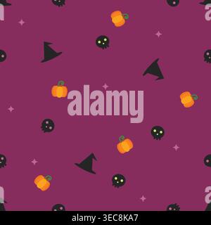 Adorable seamless Halloween pattern featuring black witch hats, pumpkins, and skulls on a purple background. Perfect for spooky textiles, gift wrappin Stock Vector