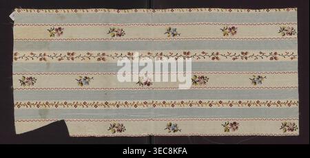 Fabric fragment, fragment of silk fabric with a pattern of alternating vertical stripes of blue and cream; colorful motifs of small flower sprigs and tiny floral tendrils on the light stripes. 19th century, France. Silk. Height 72 cm, width 32.5 cm., A rectangular piece of fabric with alternating horizontal bands in pale blue and off-white, decorated with a repeating floral motif; the off-white bands contain small embroidered bouquets in colors including pink, yellow, green, and blue, separated by wavy red trim, while a few narrow off-white strips feature a garland of small flowers in shades Stock Photo