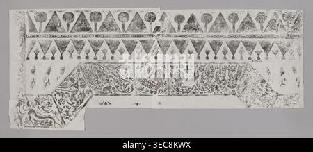 Apsaras among flowers; graphic print by Antonina Obrębska‑Jabłońska (1901–1994) and Witold Jabłoński (1901–1957); decoration of the top of a rock niche; early 20th century, China; Chinese art; subjects: Chinese Buddhism, Buddhist art, goddesses (apsaras), dragons, lotuses, geometric ornament; medium: graphic print; dimensions: height 55.0 cm, width 135.0 cm, The image shows a wide horizontal sheet with a monochrome rubbing in black ink on white paper against a gray background. The rubbing displays repeating geometric motifs along the top including a row of triangular shapes alternating with Stock Photo