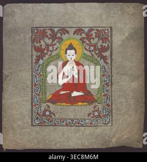 Shakyamuni Buddha; Tibetan Buddhist/Himalayan/Nepalese art; Tibetan, Himalayan; plant ornament; lotus throne; ushnisha; Buddhism. Colored woodcut depicting Shakyamuni Buddha in a frame with a plant motif; 1st half of the 20th century; Nepal; print; height 39.2 cm, width 38.0 cm, An illustration of a seated figure with pale skin and black hair tied in a topknot, wearing a red robe and sitting cross-legged on a layered cushion showing yellow and red tones, framed by an arched decorative border with green latticework and floral motifs; the figure has a yellow circular halo behind the head and is Stock Photo